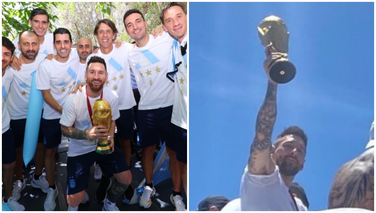 ¿Era marca patito? Jugadores argentinos celebran frente a aficionados con réplica de Copa del Mundo